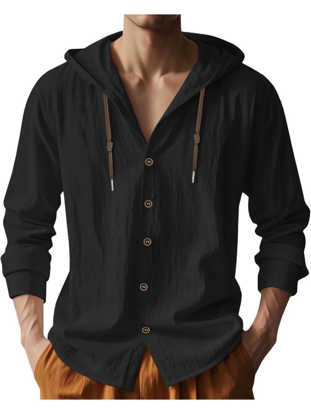 Men's Black Cotton Linen Long Sleeve Top Casual Lightweight Button Down Hoodie